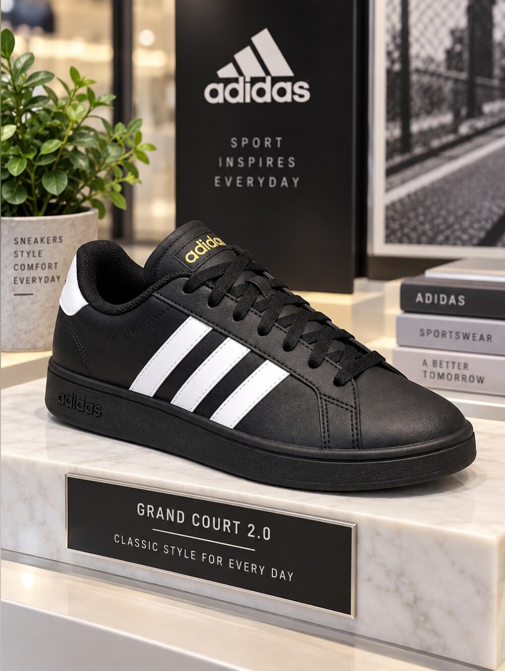 Adidas Grand Court 2.0 Black White Gold Sneakers Women 9.5 Men 8.5 NIB